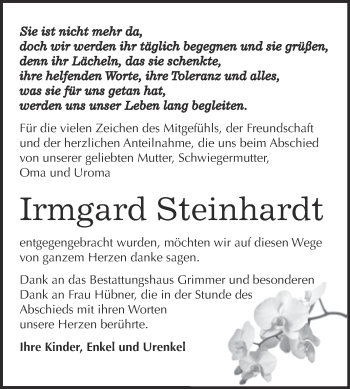 Traueranzeige von Irmgard Steinhardt von Wochenspiegel Mansfelder Land