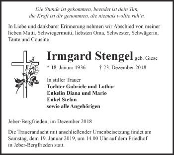 Traueranzeige von Irmgard Stengel von WVG - Wochenspiegel Dessau / Köthen