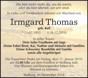 Traueranzeige von Irmgard Thomas von Super Sonntag SGH Mansf. Land