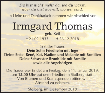 Traueranzeige von Irmgard Thomas von Mitteldeutsche Zeitung Sangerhausen