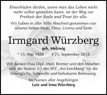 Traueranzeige von Irmgard Würzberg von Mitteldeutsche Zeitung Wittenberg