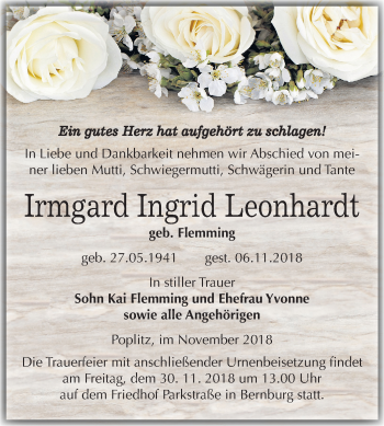 Traueranzeige von Irmgard Ingrid Leonhardt von Mitteldeutsche Zeitung Bernburg