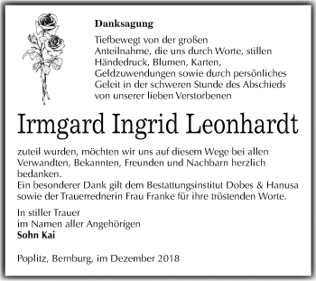 Traueranzeige von Irmgard Ingrid Leonhardt von Mitteldeutsche Zeitung Bernburg