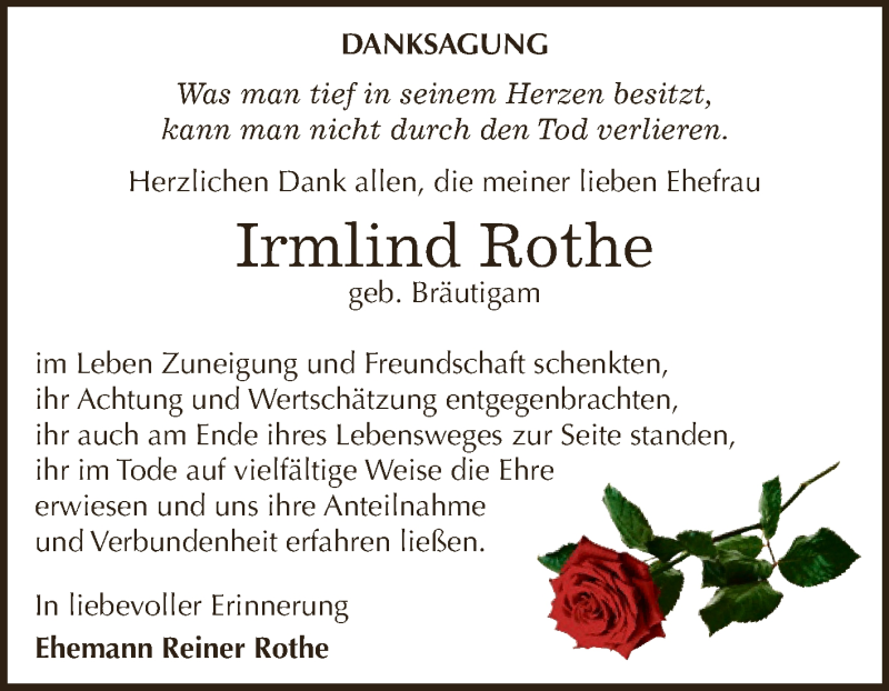  Traueranzeige für Irmlind Rothe vom 21.11.2018 aus WVG - Wochenspiegel NMB / WSF / ZTZ