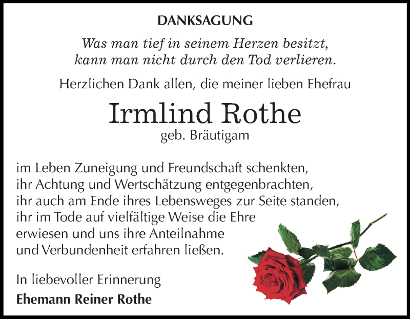  Traueranzeige für Irmlind Rothe vom 17.11.2018 aus Mitteldeutsche Zeitung Weißenfels