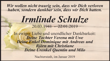 Traueranzeige von Irmlinde Schulze von Mitteldeutsche Zeitung Aschersleben