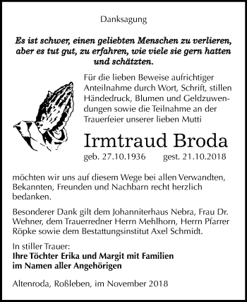Traueranzeige von Irmtraud Broda von Mitteldeutsche Zeitung Naumburg/Nebra