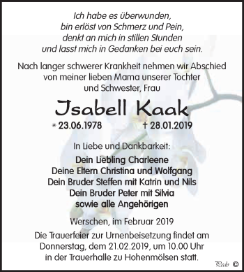 Traueranzeige von Isabell Kaak von WVG - Wochenspiegel NMB / WSF / ZTZ