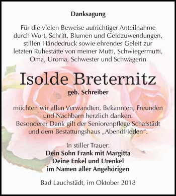 Traueranzeige von Isolde Breternitz von WVG - Wochenspiegel Merseburg