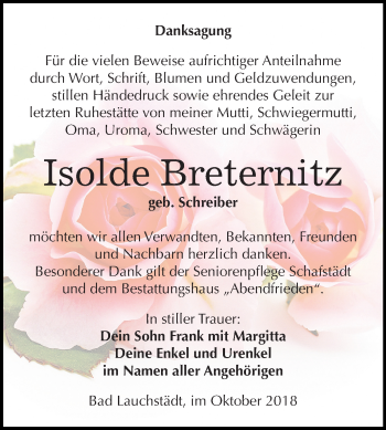 Traueranzeige von Isolde Breternitz von Mitteldeutsche Zeitung Merseburg/Querfurt