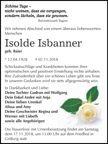 Traueranzeige von Isolde Isbanner von WVG - Wochenspiegel Dessau / Köthen