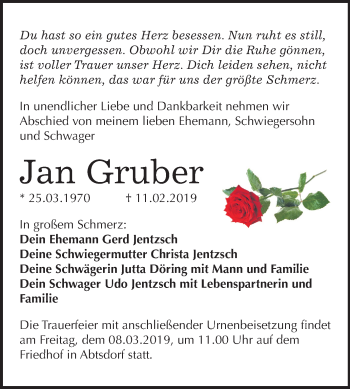 Traueranzeige von Jan Gruber von Mitteldeutsche Zeitung