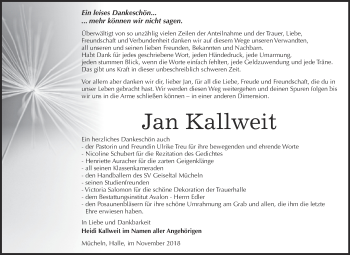 Traueranzeige von Jan Kallweit von WVG - Wochenspiegel Merseburg
