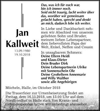 Traueranzeige von Jan Kallweit von Mitteldeutsche Zeitung Merseburg/Querfurt