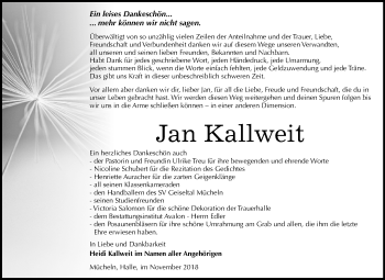 Traueranzeige von Jan Kallweit von Mitteldeutsche Zeitung Merseburg/Querfurt