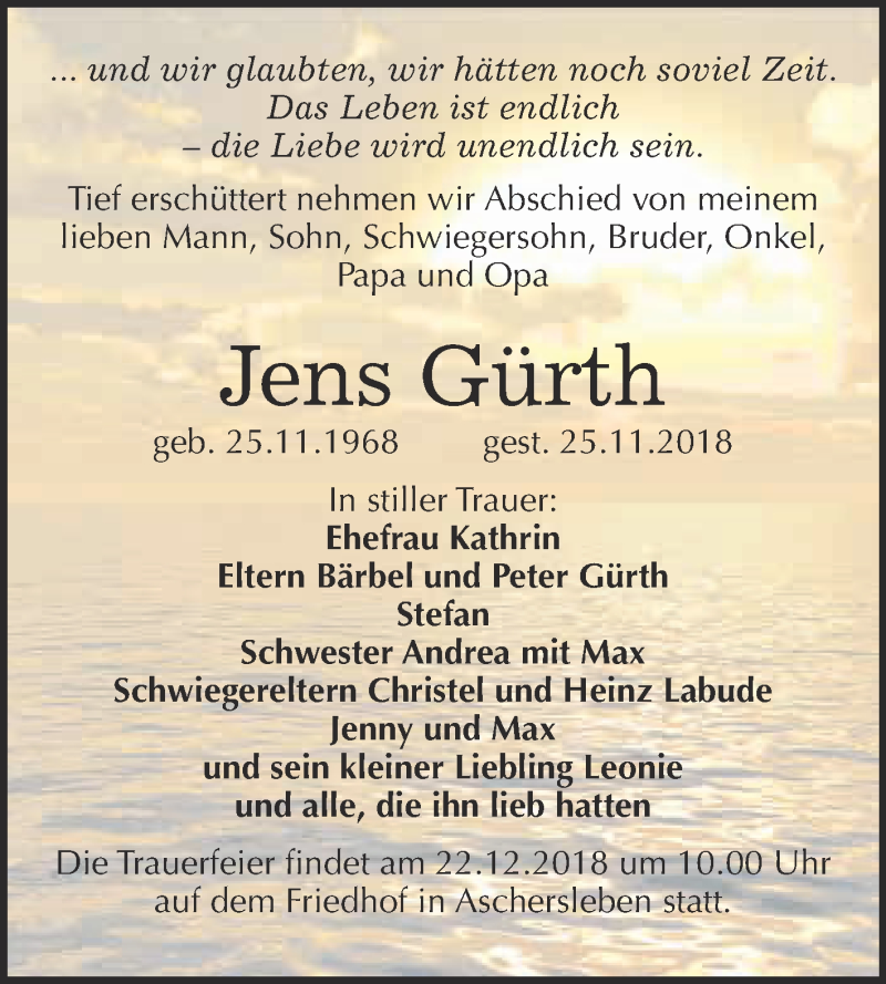  Traueranzeige für Jens Gürth vom 08.12.2018 aus Super Sonntag Aschersleben