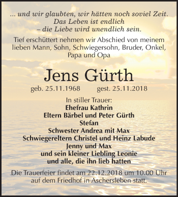 Traueranzeige von Jens Gürth von Mitteldeutsche Zeitung Aschersleben