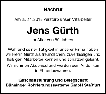 Traueranzeige von Jens Gürth von Mitteldeutsche Zeitung
