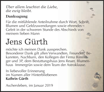 Traueranzeige von Jens Gürth von Super Sonntag Aschersleben