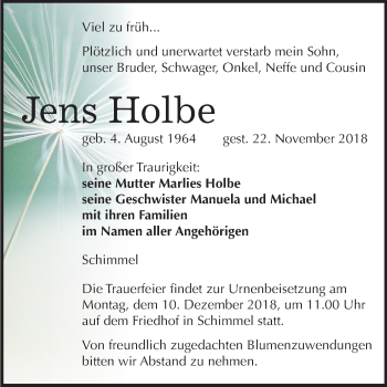 Traueranzeige von Jens Holbe von Mitteldeutsche Zeitung Naumburg/Nebra