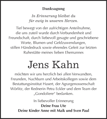 Traueranzeige von Jens Kahn von Super Sonntag Wittenberg