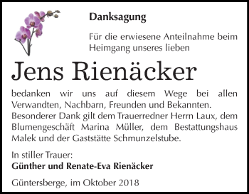Traueranzeige von Jens Rienäcker von Mitteldeutsche Zeitung Quedlinburg