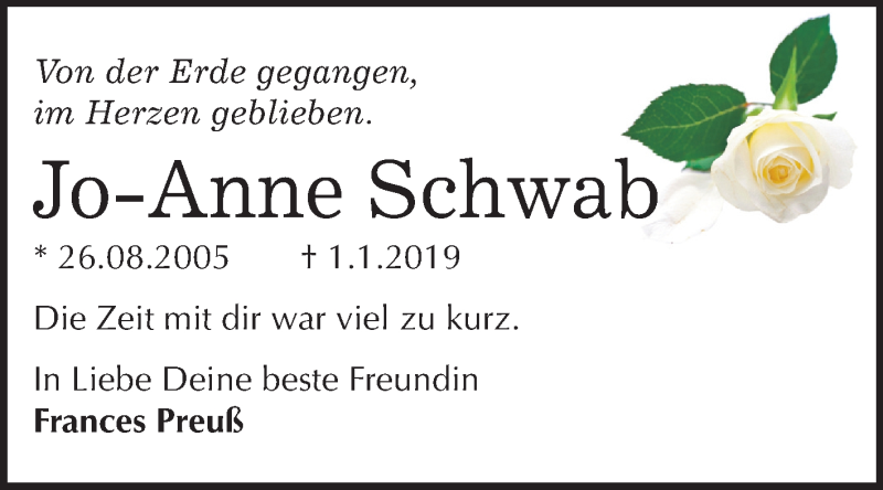  Traueranzeige für Jo-Anne Schwab vom 12.01.2019 aus Mitteldeutsche Zeitung Wittenberg