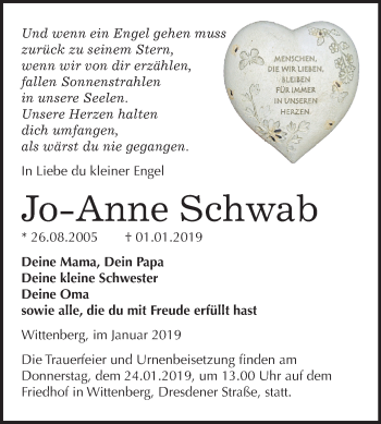 Traueranzeige von Jo-Anne Schwab von Mitteldeutsche Zeitung Wittenberg