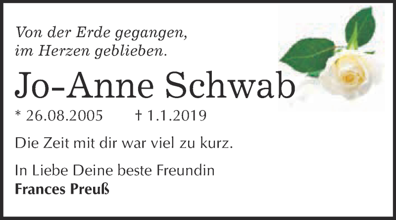  Traueranzeige für Jo-Anne Schwab vom 07.01.2019 aus Super Sonntag Wittenberg