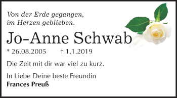 Traueranzeige von Jo-Anne Schwab von Mitteldeutsche Zeitung Wittenberg