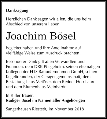 Traueranzeige von Joachim Bösel von Mitteldeutsche Zeitung Sangerhausen