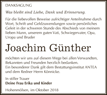 Traueranzeige von Joachim Günther von WVG - Wochenspiegel NMB / WSF / ZTZ
