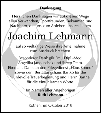 Traueranzeige von Joachim Lehmann von Mitteldeutsche Zeitung Köthen