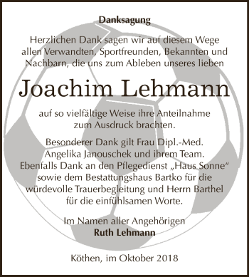 Traueranzeige von Joachim Lehmann von WVG - Wochenspiegel Dessau / Köthen