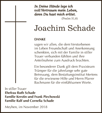 Traueranzeige von Joachim Schade von WVG - Wochenspiegel NMB / WSF / ZTZ