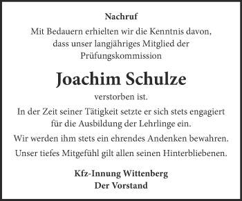 Traueranzeige von Joachim Schulze von WVG - Wochenspiegel Wittenberg