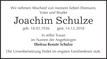 Traueranzeige von Joachim Schulze von Super Sonntag Wittenberg