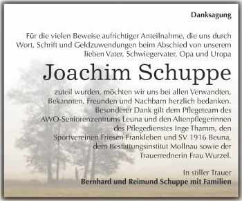 Traueranzeige von Joachim Schuppe von WVG - Wochenspiegel Merseburg