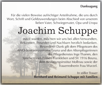 Traueranzeige von Joachim Schuppe von Mitteldeutsche Zeitung Merseburg/Querfurt