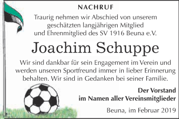 Traueranzeige von Joachim Schuppe von Super Sonntag Merseburg