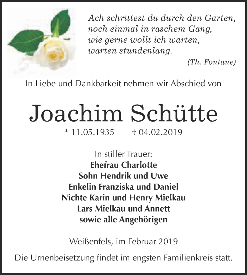  Traueranzeige für Joachim Schütte vom 11.02.2019 aus WVG - Wochenspiegel NMB / WSF / ZTZ