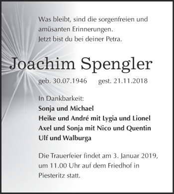 Traueranzeige von Joachim Spengler von Super Sonntag Wittenberg