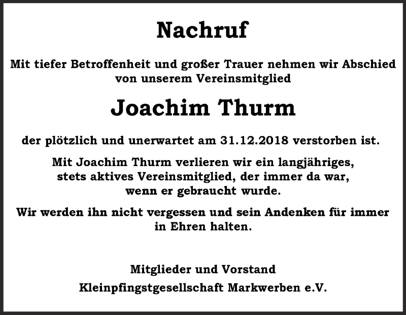  Traueranzeige für Joachim Thurm vom 04.02.2019 aus WVG - Wochenspiegel NMB / WSF / ZTZ