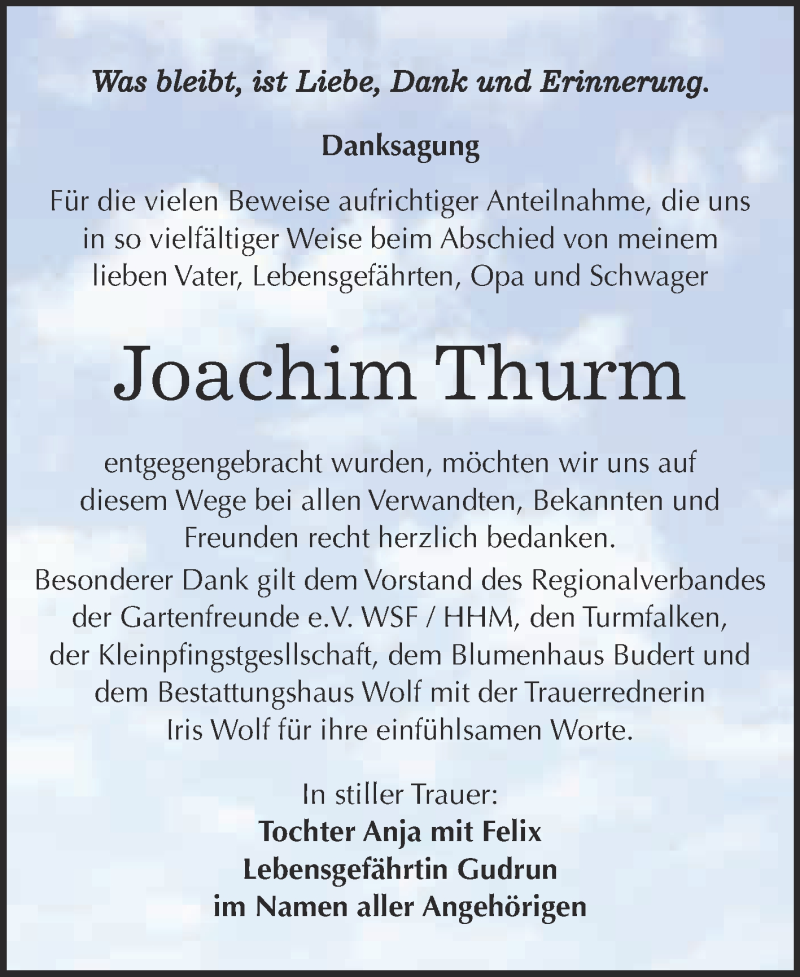  Traueranzeige für Joachim Thurm vom 11.02.2019 aus WVG - Wochenspiegel NMB / WSF / ZTZ