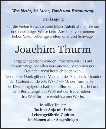 Traueranzeige von Joachim Thurm von WVG - Wochenspiegel NMB / WSF / ZTZ