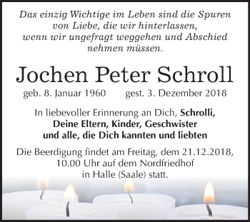 Traueranzeige von Jochen Peter Schroll von Mitteldeutsche Zeitung Halle/Saalkreis