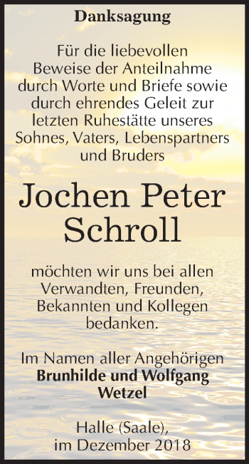 Traueranzeige von Jochen Peter Schroll von Mitteldeutsche Zeitung Halle/Saalkreis