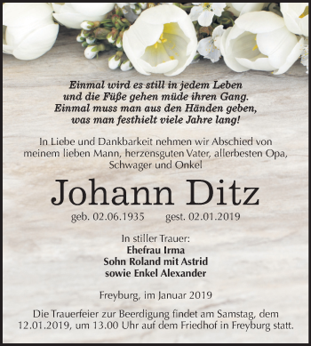 Traueranzeige von Johann Ditz von Mitteldeutsche Zeitung Naumburg/Nebra