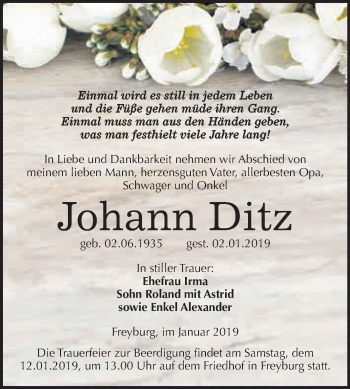 Traueranzeige von Johann Ditz von WVG - Wochenspiegel NMB / WSF / ZTZ