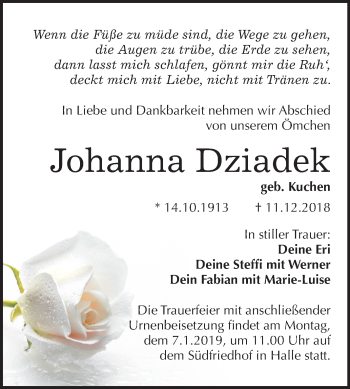 Traueranzeige von Johanna Dziadek von Mitteldeutsche Zeitung Halle/Saalkreis
